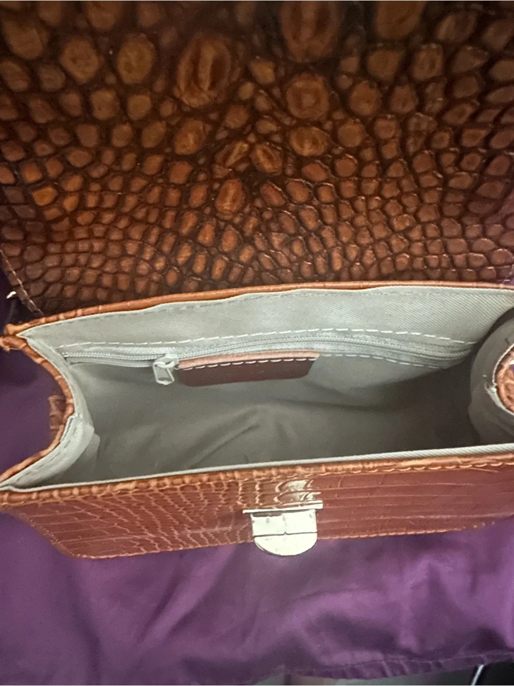Italian Leather Croc-Embossed Top-Handle Bag in Brown